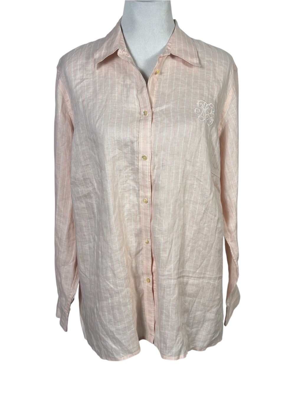 Lauren Ralph Lauren Pink White Stripe Embroidered Linen Button Down Shirt Sz 1X